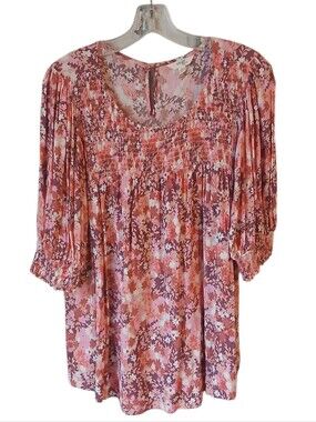 Terra & Sky Floral Pinl Puff-Sleeve Blouse Size 1X